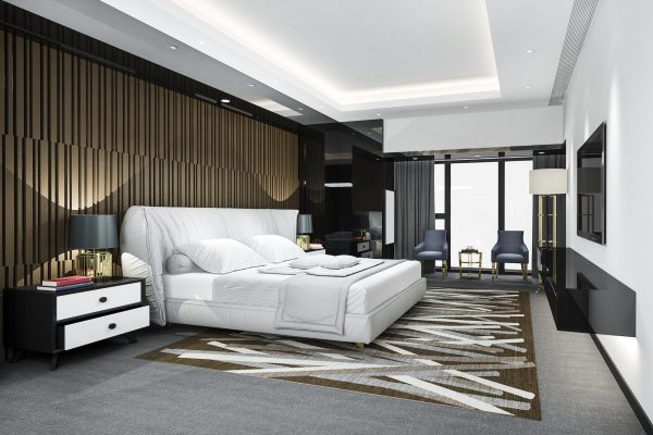 3d rendering luxury classic modern bedroom suite in hotel with king size bed